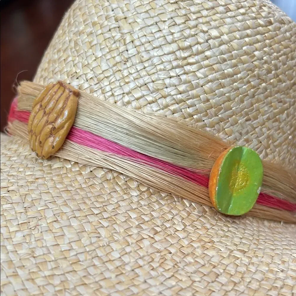 Woven Straw Hat with Fruit Details, Wide Brim Perfect for a Hot Day at the Beach